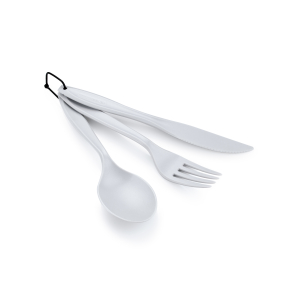 Reusable outdoor cutlery featuring a spoon, fork, and knife made of a lightweight, extra-durable, BPA-free Acetal plastic.