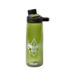 Camelbak 25oz Chute Water Bottle in Green with tethered lid and easy-to-carry handle featuring the classic BSA Emblem